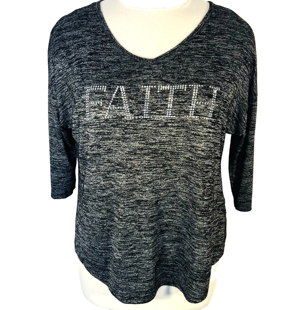 Vanilla Sugar Blouse Womens 2X Salt and Pepper V-Neck 3/4 Sleeve Faith Print
